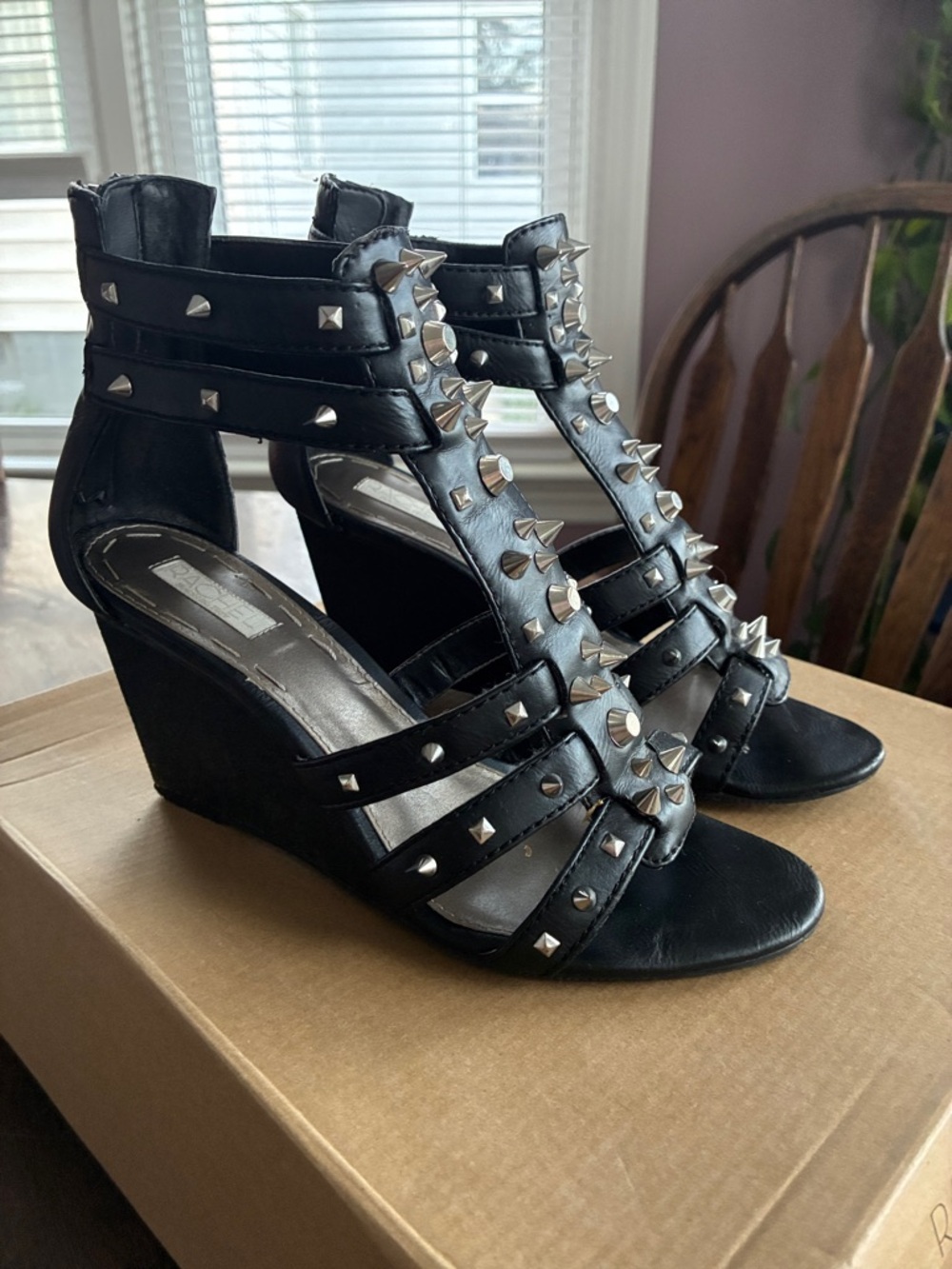 RACHEL Rachel Roy Black Studded T-Strap Wedge Sandals